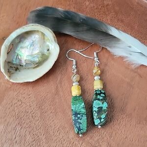 Southwestern Green Tibetan Turquoise Yellow Jasper Agate Earrings Boho Artsy